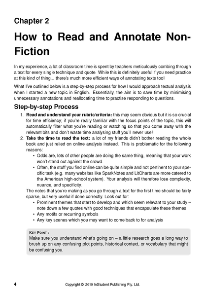 White academic guide page by ATAR Notes, with black text detailing Chapter 2 'How to Read and Annotate Non-Fiction' and a KEY POINT box.