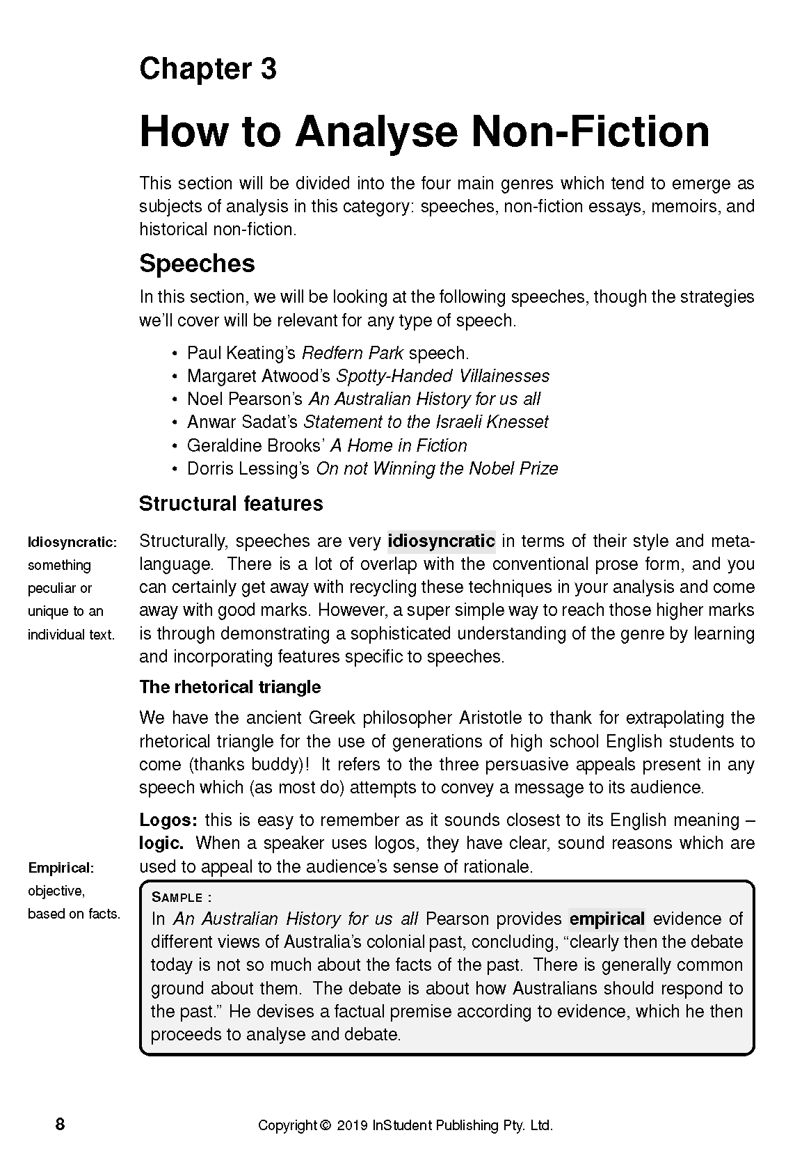 Non-fiction analysis guide page by ATAR Notes, displaying black text on a white background with chapter title, headings, bullet points, and definitions.