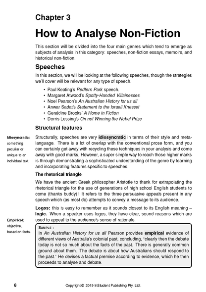 Non-fiction analysis guide page by ATAR Notes, displaying black text on a white background with chapter title, headings, bullet points, and definitions.