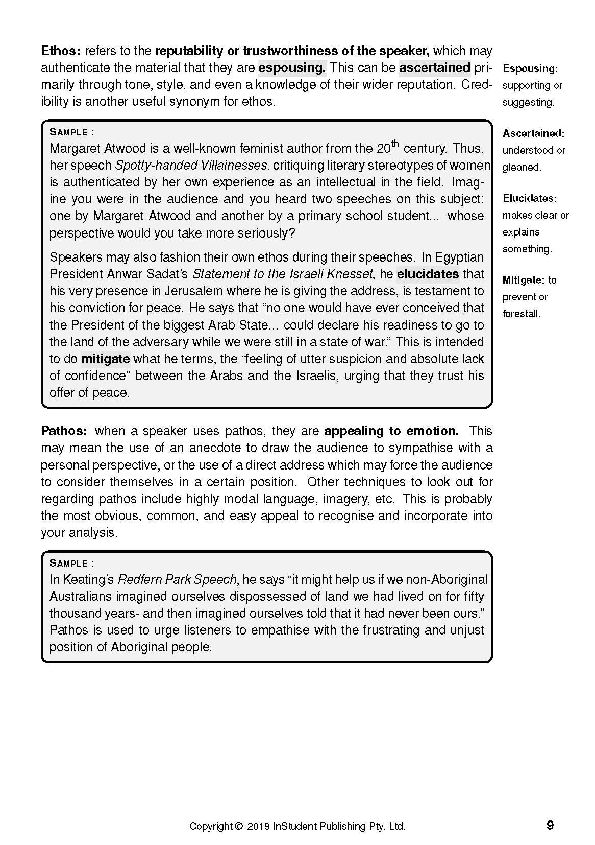 Non-Fiction Analysis Guide page by ATAR Notes, displaying definitions and sample texts for 'Ethos' and 'Pathos'.