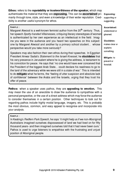 Non-Fiction Analysis Guide page by ATAR Notes, displaying definitions and sample texts for 'Ethos' and 'Pathos'.