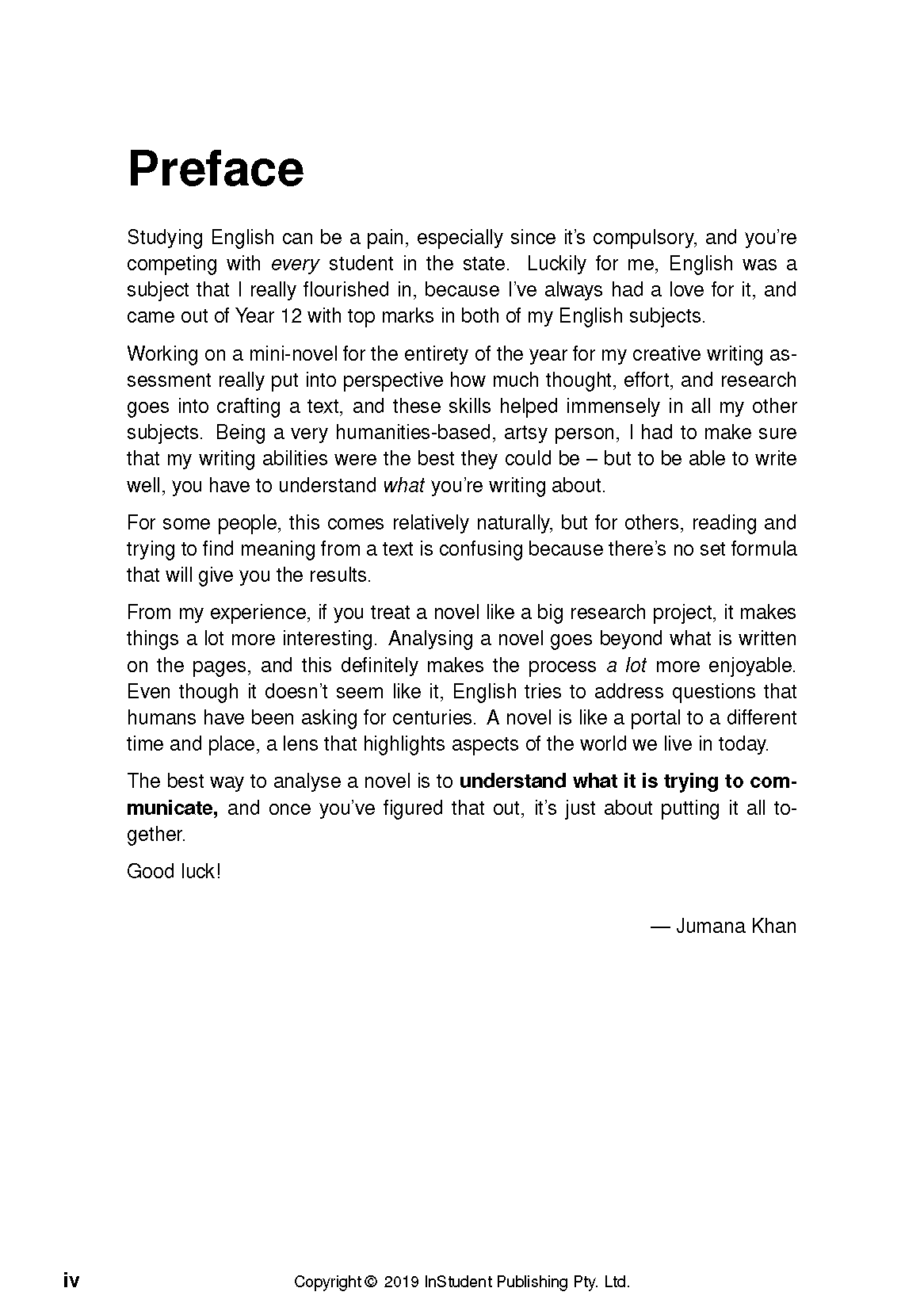 Preface page from the How to Analyse Novels Analysis Guide by ATAR Notes, featuring black text and a signature.