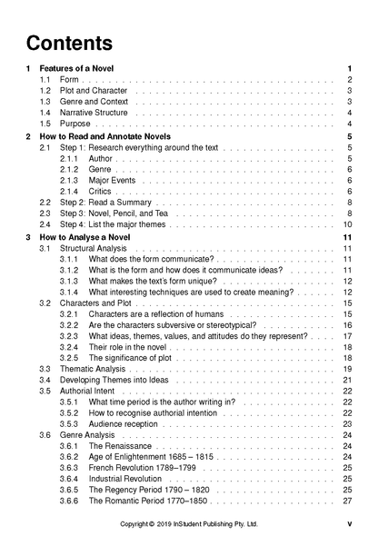 How to Analyse Novels text guide by ATAR Notes, displaying its contents page with chapter headings and page numbers.
