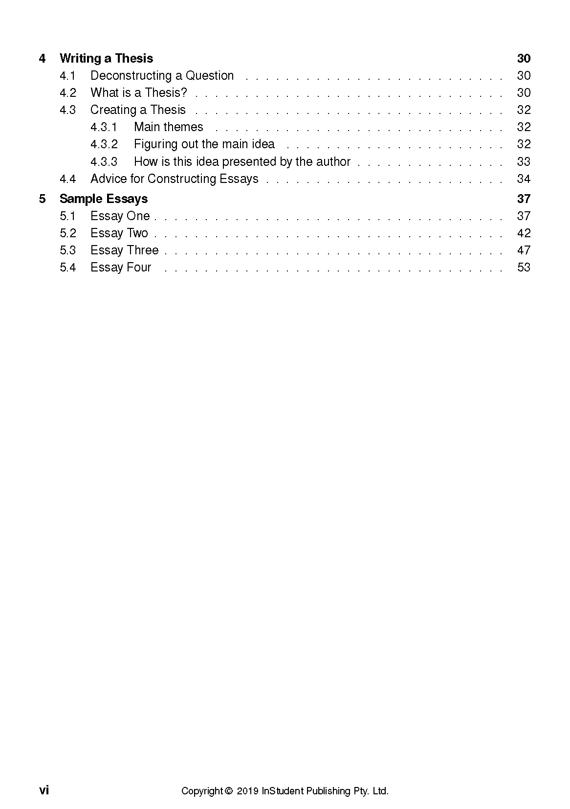 Cropped text guide page by ATAR Notes, black text on white, showing table of contents for 'Writing a Thesis' and 'Sample Essays' chapters with page numbers.