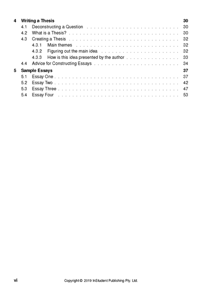 Cropped text guide page by ATAR Notes, black text on white, showing table of contents for 'Writing a Thesis' and 'Sample Essays' chapters with page numbers.