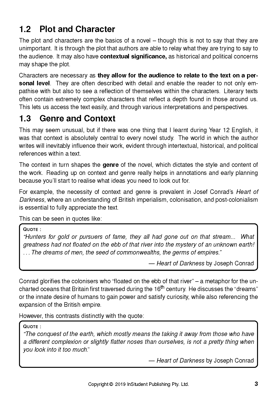 Page from a white analysis guide by ATAR Notes, featuring text on plot, character, and genre, with quotes from Heart of Darkness.