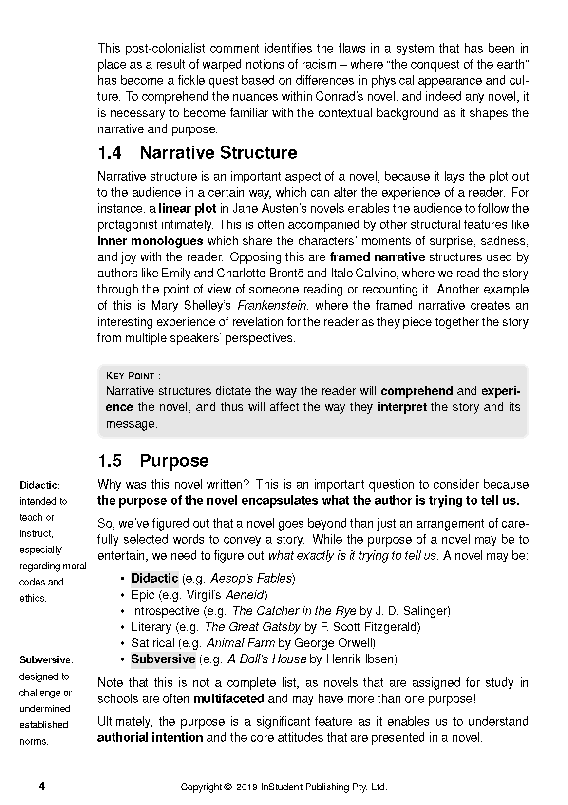 Analysis guide by ATAR Notes, a white page with black text explaining narrative structure and purpose.