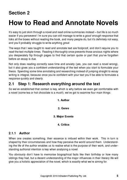 Text guide page by ATAR Notes Analysis Guides, titled 'How to Read and Annotate Novels', displaying black text and section headings on a white background.