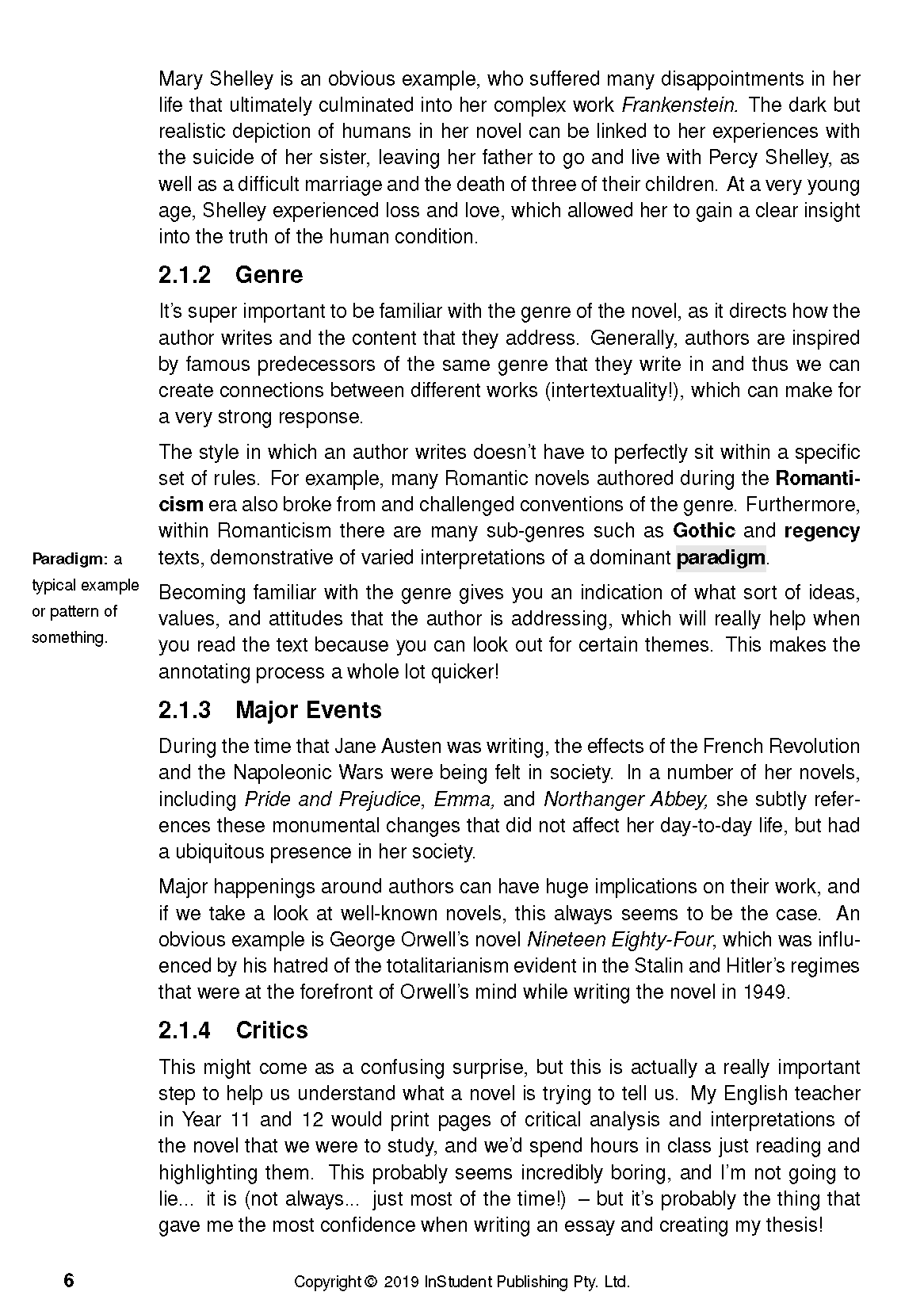 Analysis guide page by ATAR Notes, displaying academic text with headings like 'Genre' and 'Major Events', and a 'Paradigm' sidebar.