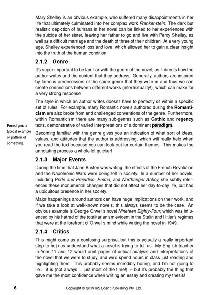 Analysis guide page by ATAR Notes, displaying academic text with headings like 'Genre' and 'Major Events', and a 'Paradigm' sidebar.