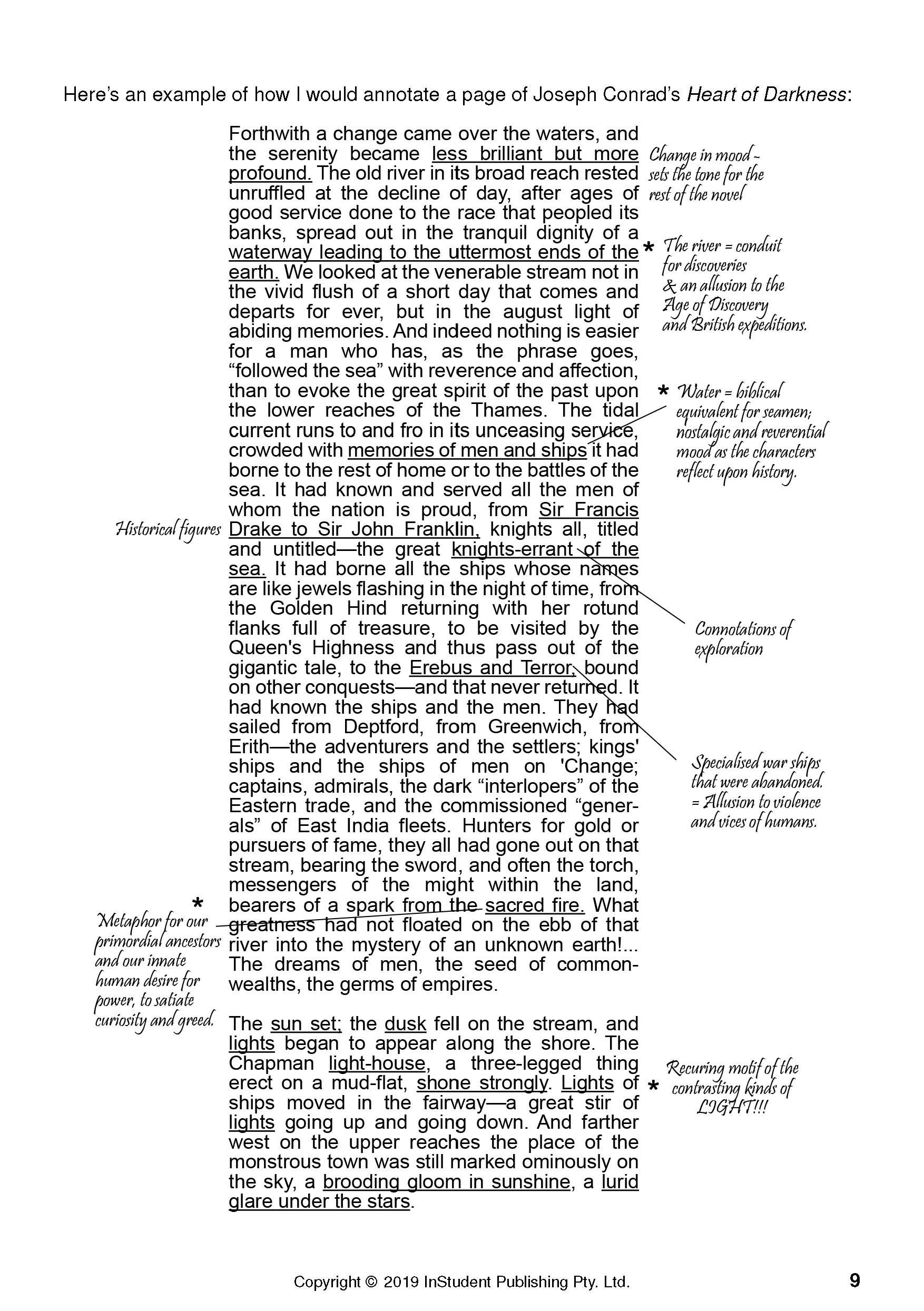 An open novel analysis guide by ATAR Notes, showing a page with detailed handwritten annotations and text examples.