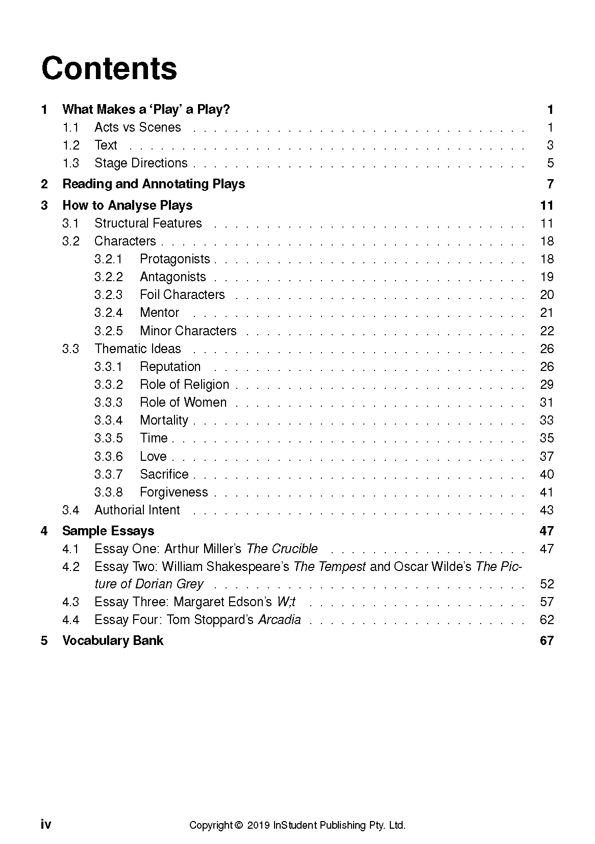 Text guide table of contents page by ATAR Notes, listing sections on analysing plays and sample essays.