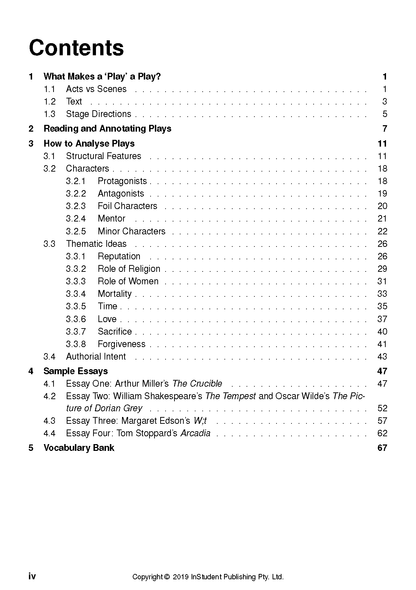 Text guide table of contents page by ATAR Notes, listing sections on analysing plays and sample essays.