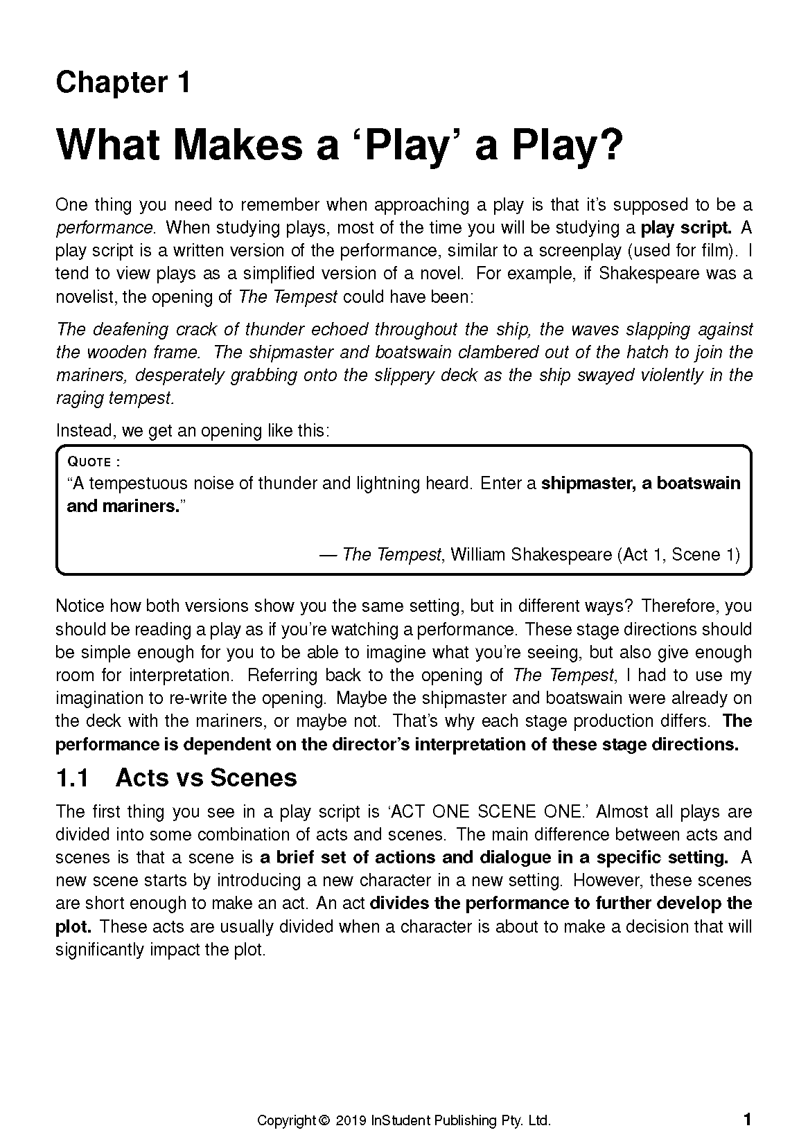 Analysis guide for plays by ATAR Notes, an open white page with black text featuring the chapter title ‘What Makes a ‘Play’ a Play?’ and a quote.