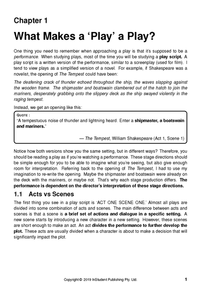 Analysis guide for plays by ATAR Notes, an open white page with black text featuring the chapter title ‘What Makes a ‘Play’ a Play?’ and a quote.