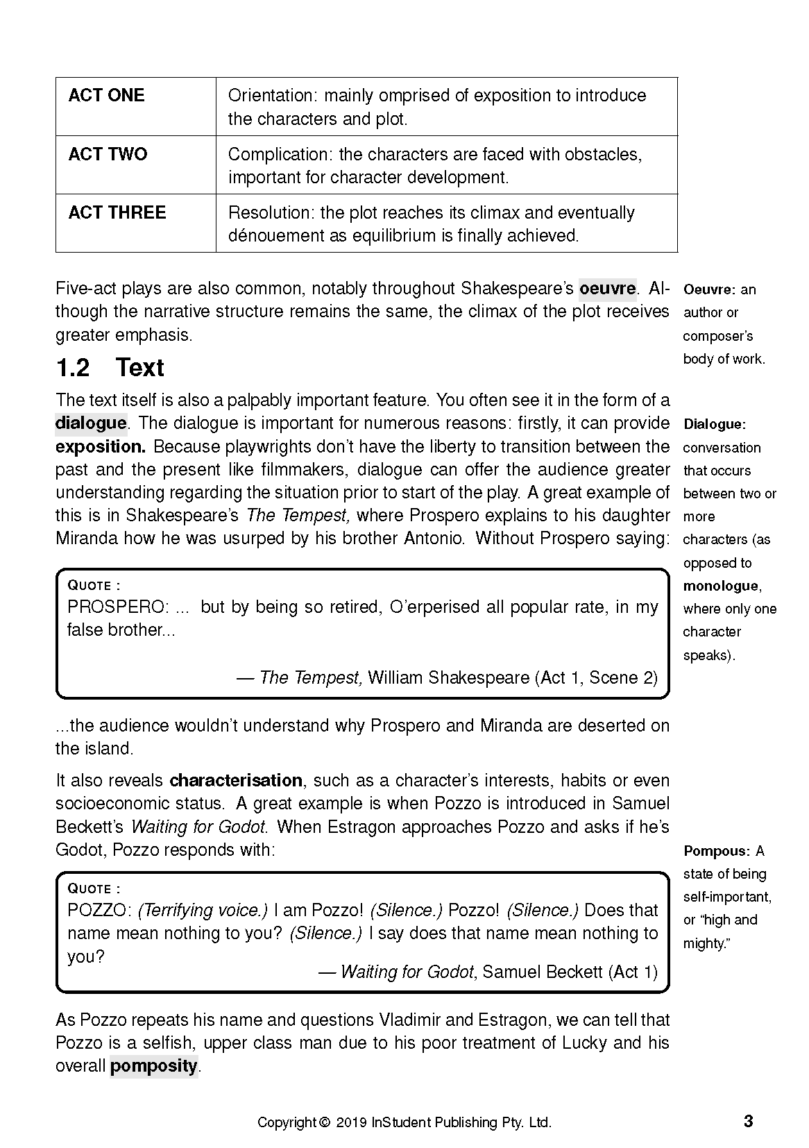 Text guide page by ATAR Notes explaining play analysis with structure, dialogue, characterisation, and key definitions.
