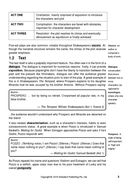 Text guide page by ATAR Notes explaining play analysis with structure, dialogue, characterisation, and key definitions.