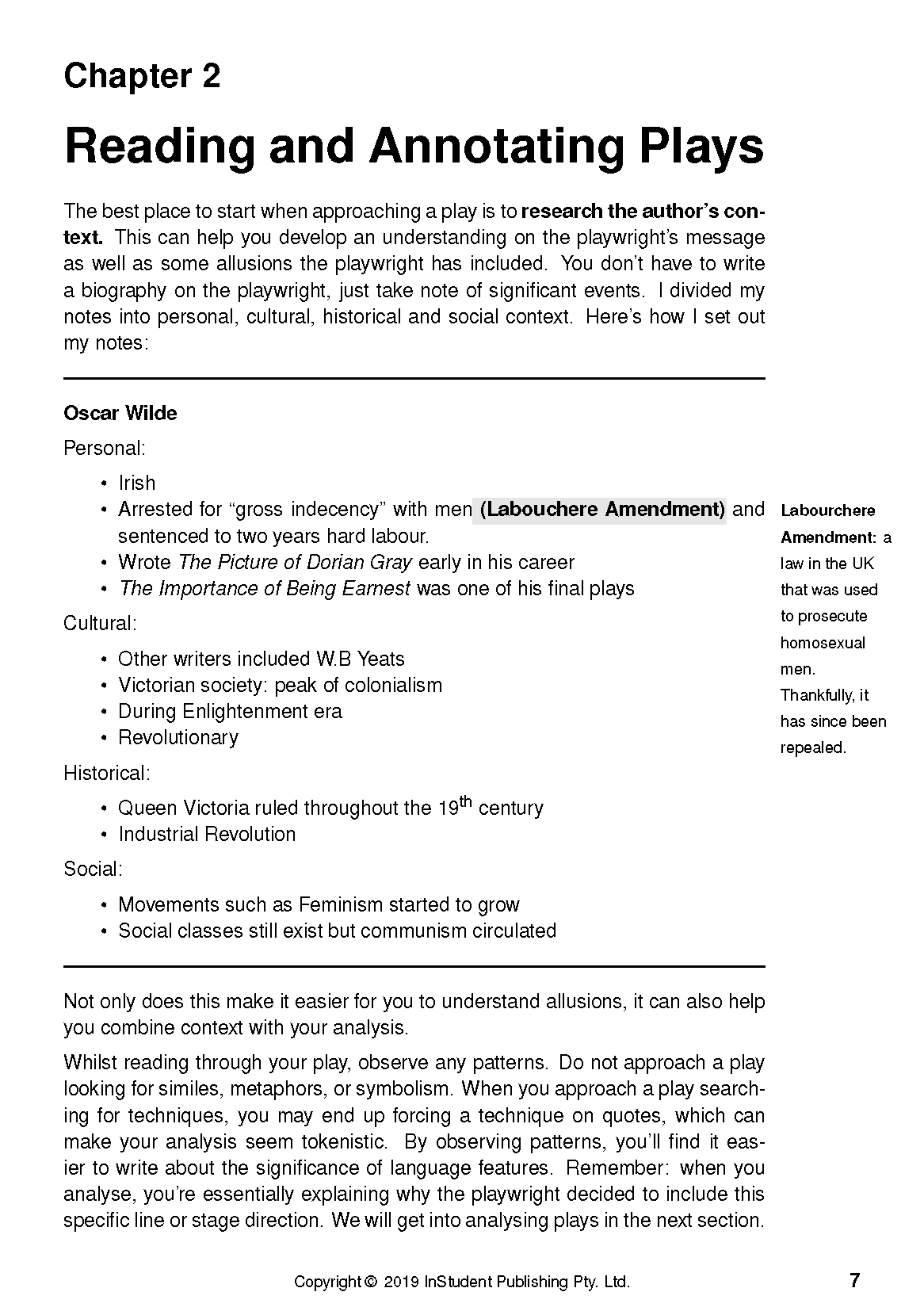 A text guide page by ATAR Notes, showing content on analyzing plays with headings, bullet points, and definitions in black text on white.