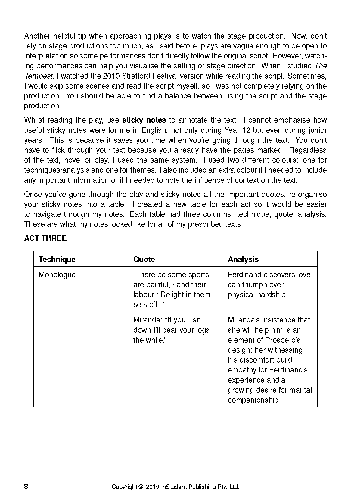 Text guide for analyzing plays by ATAR Notes, showing a page with tips on using sticky notes and an analysis table.