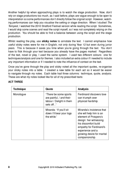 Text guide for analyzing plays by ATAR Notes, showing a page with tips on using sticky notes and an analysis table.