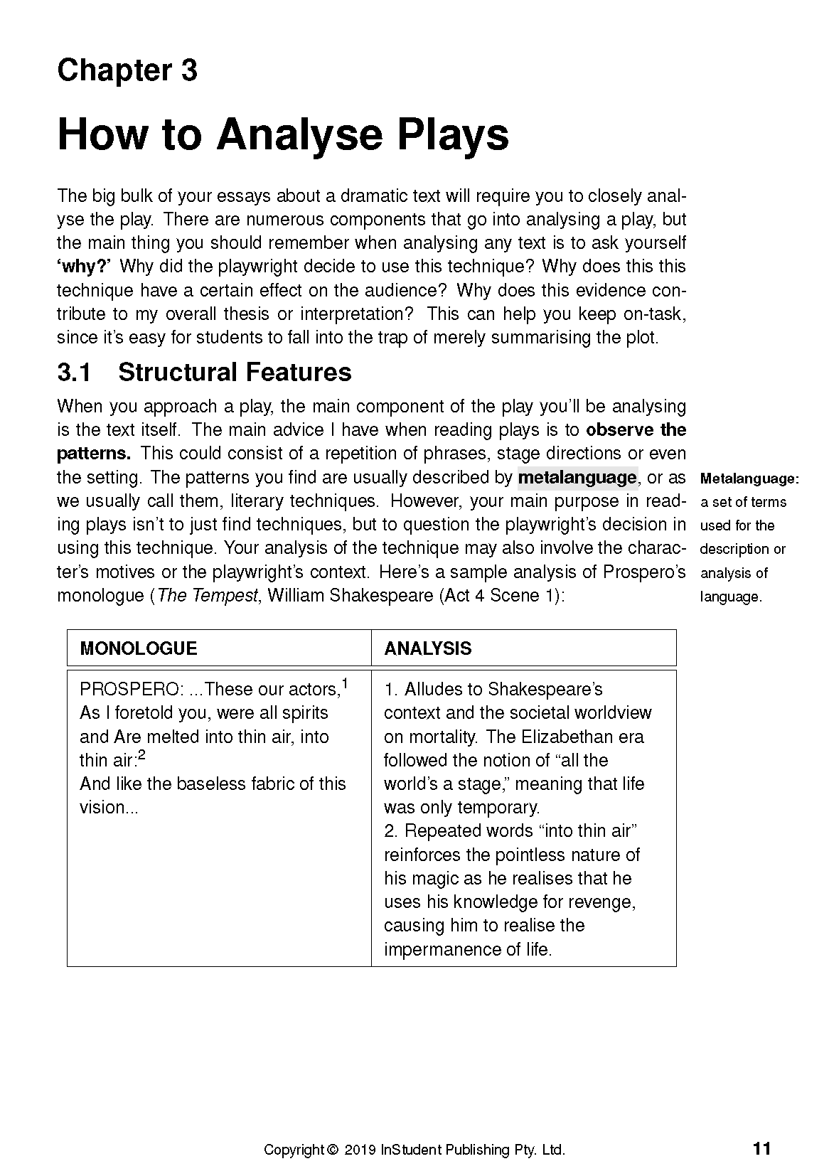 A study guide page titled 'How to Analyse Plays' by ATAR Notes, featuring text about structural features and a monologue analysis table.