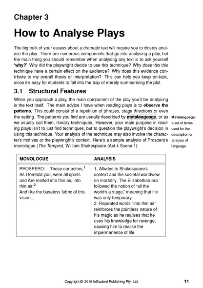 A study guide page titled 'How to Analyse Plays' by ATAR Notes, featuring text about structural features and a monologue analysis table.