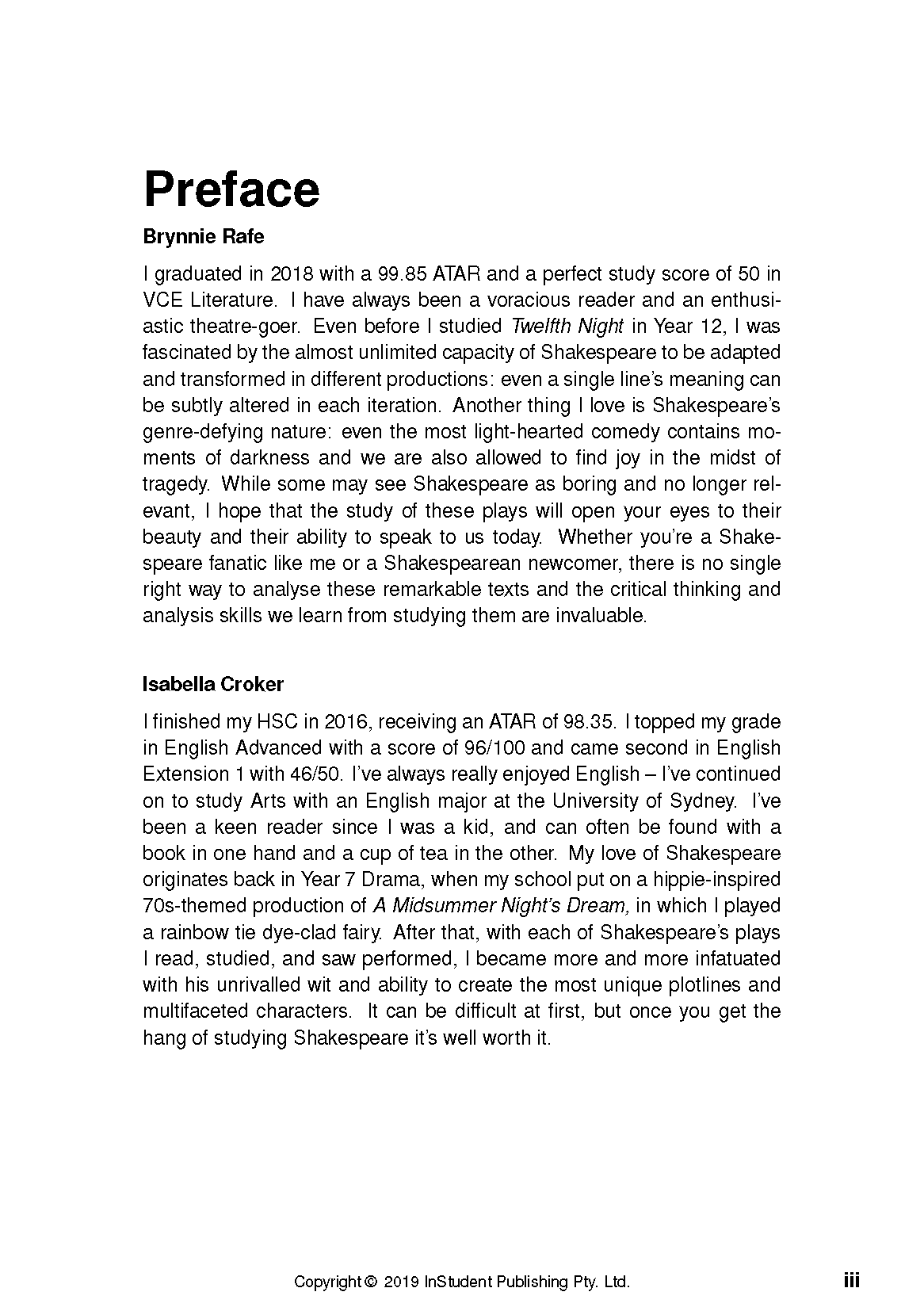 Shakespeare analysis guide by ATAR Notes, showing a white page with black text, titled "Preface" and copyright details.