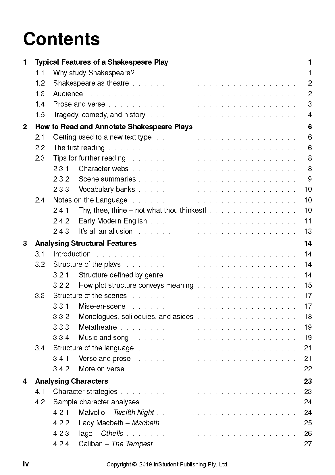 White analysis guide book by ATAR Notes, displaying a table of contents page for Shakespeare study.