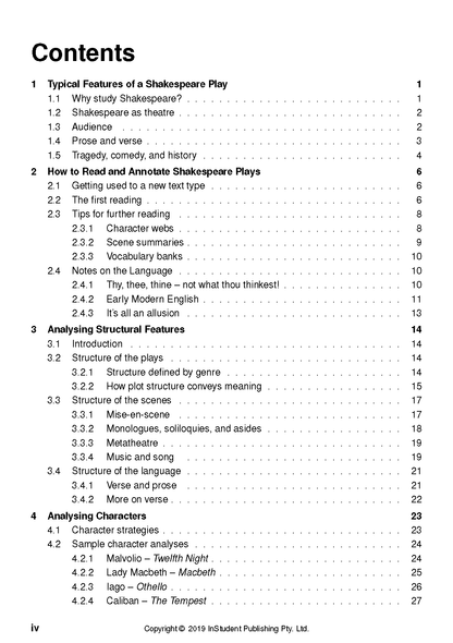 White analysis guide book by ATAR Notes, displaying a table of contents page for Shakespeare study.