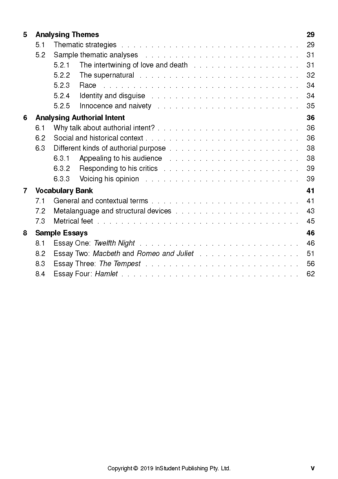 Text guide for analysing Shakespeare by ATAR Notes, showing a partial table of contents page with section titles and page numbers.