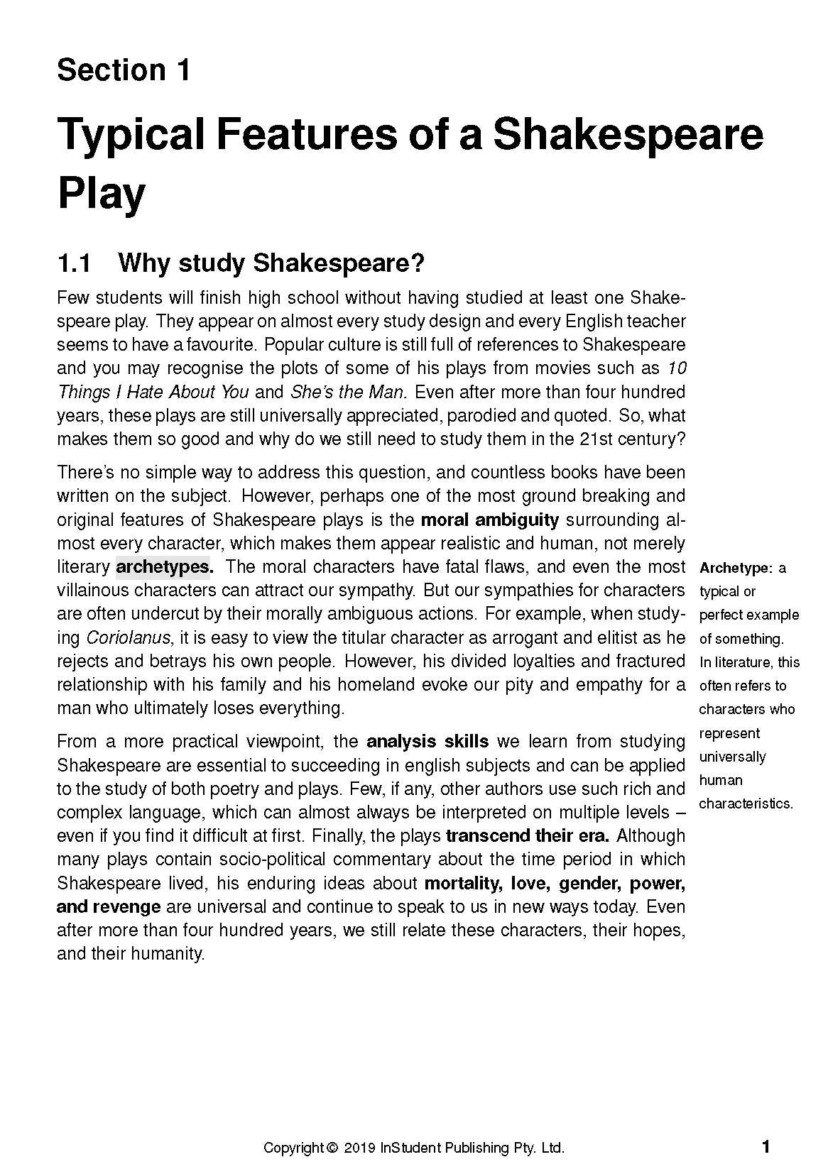 Shakespeare analysis text guide by ATAR Notes, a white page with black text detailing typical features and a margin definition.