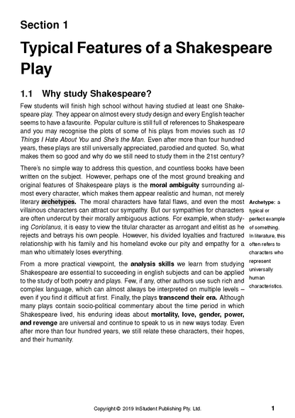 Shakespeare analysis text guide by ATAR Notes, a white page with black text detailing typical features and a margin definition.