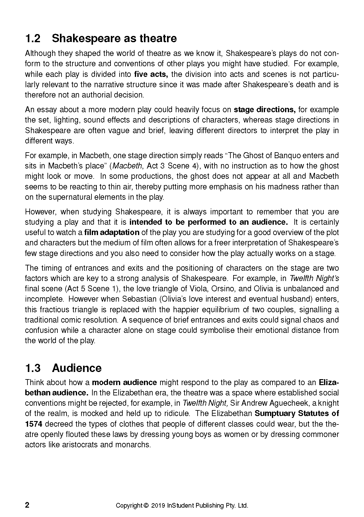 A page from an analysis guide by ATAR Notes, featuring sections on "Shakespeare as theatre" and "Audience" with detailed text.