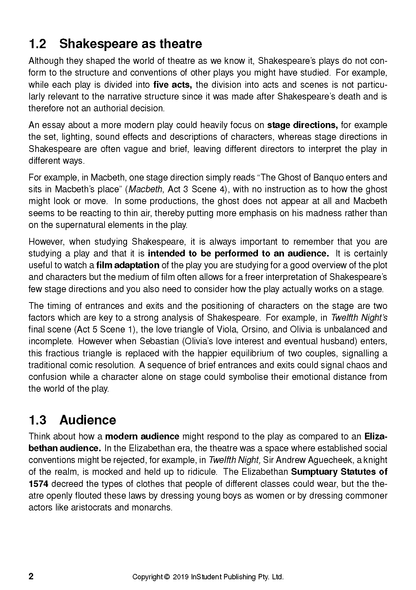 A page from an analysis guide by ATAR Notes, featuring sections on "Shakespeare as theatre" and "Audience" with detailed text.