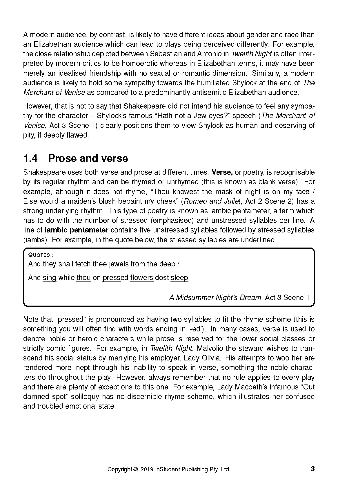 Text guide page from ATAR Notes Analysis Guides, displaying content about Shakespearean prose and verse with quotes.