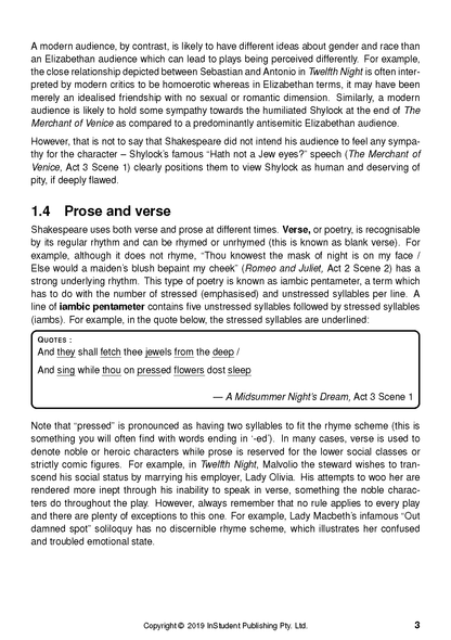 Text guide page from ATAR Notes Analysis Guides, displaying content about Shakespearean prose and verse with quotes.