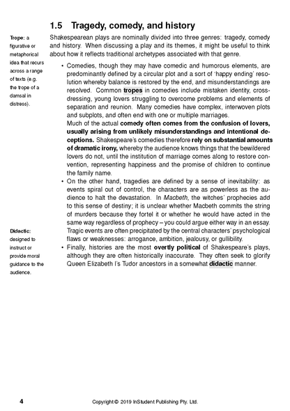 White text guide page by ATAR Notes, cropped, detailing how to analyze Shakespeare's tragedies, comedies, and histories.