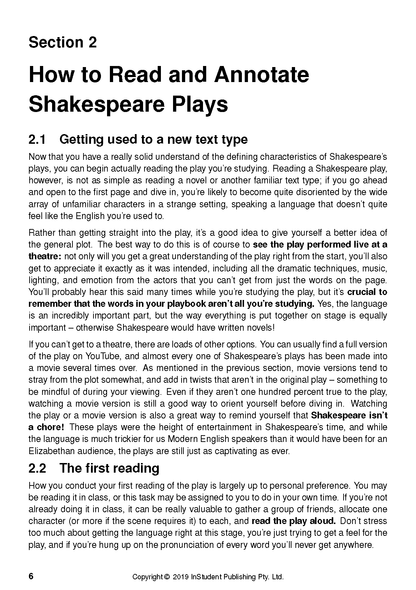 Shakespeare text guide book by ATAR Notes, showing a white page with black text, titled 'How to Read and Annotate Shakespeare Plays' and page 6.