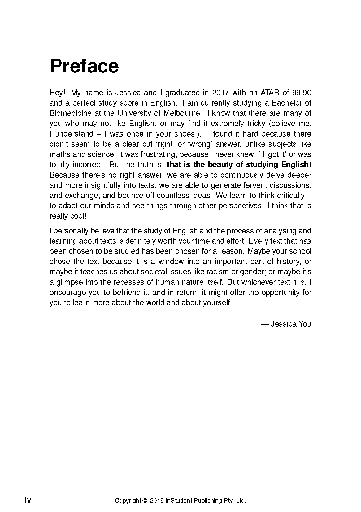 Text guide by InStudent Publishing Pty. Ltd. displaying a white page with bold 'Preface' title, black text, and page number iv.