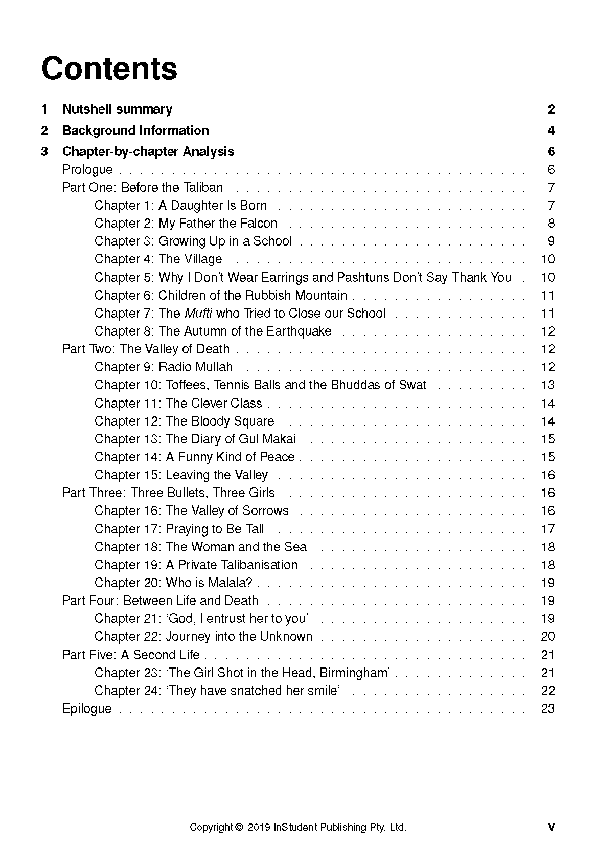 Text Guide with a detailed table of contents for 'I Am Malala,' showing chapters and page numbers in black text on a white background.