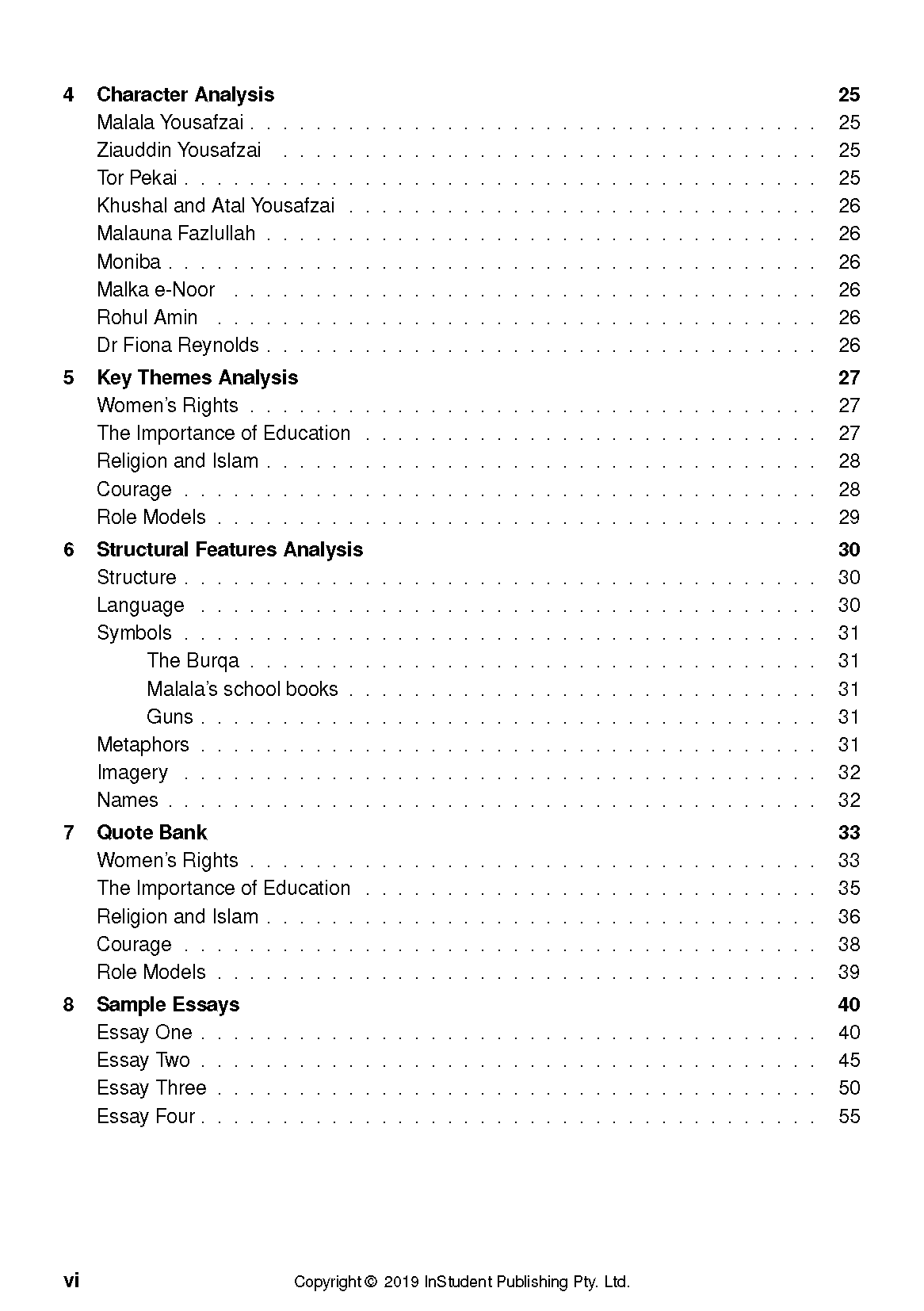 Text Guide for 'I Am Malala' from InStudent Publishing Pty. Ltd. showing a detailed table of contents with page numbers.