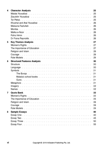 Text Guide for 'I Am Malala' from InStudent Publishing Pty. Ltd. showing a detailed table of contents with page numbers.