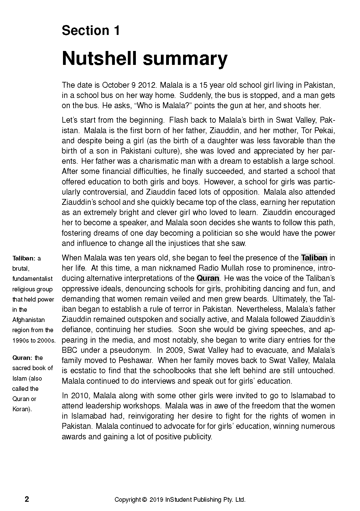 Text guide page for I Am Malala, showing "Section 1 Nutshell summary" and sidebar definitions.