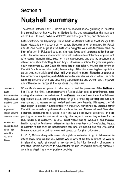 Text guide page for I Am Malala, showing "Section 1 Nutshell summary" and sidebar definitions.