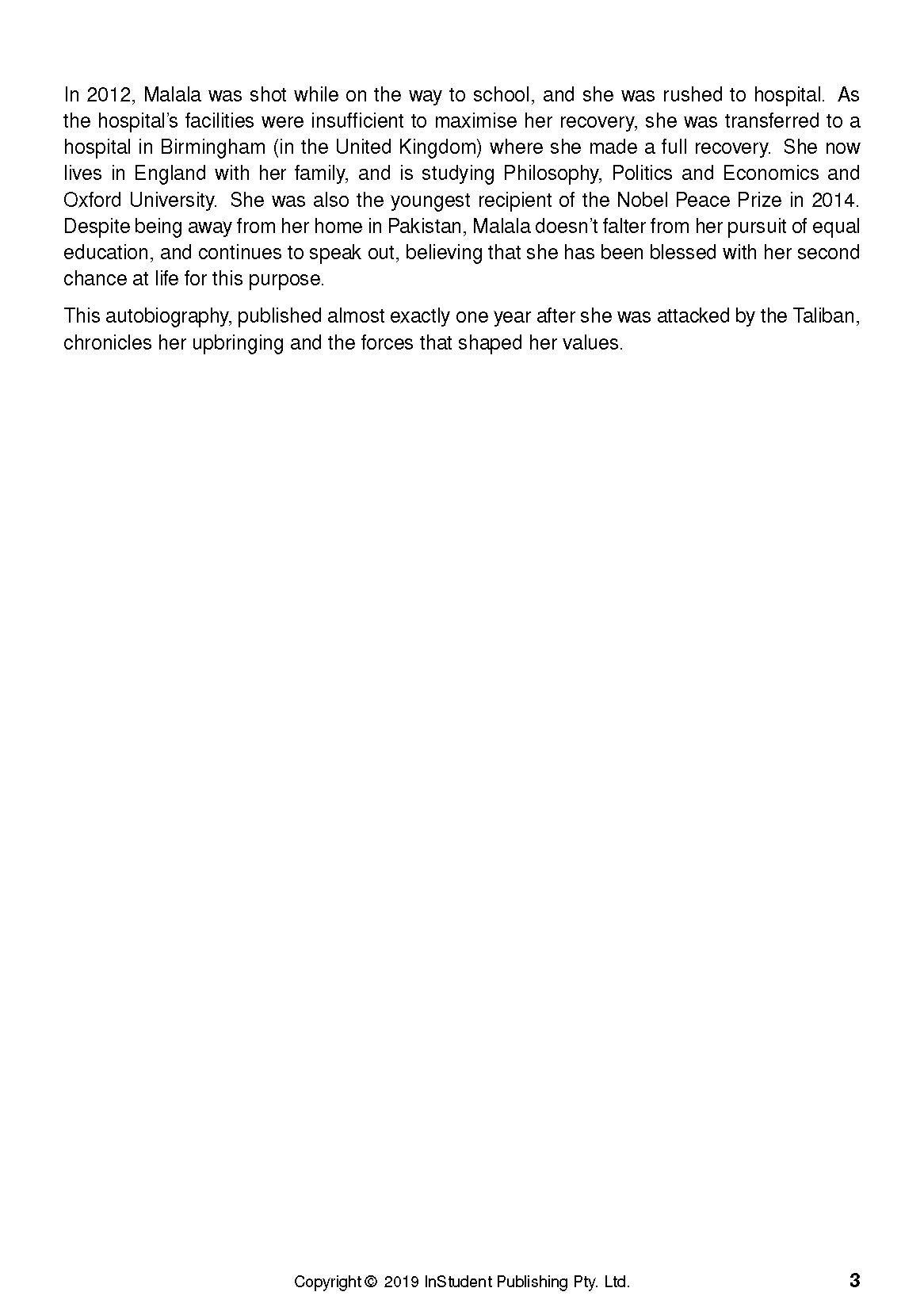 Text Guide page with black font detailing Malala Yousafzai's biography, Nobel Peace Prize, and autobiography.