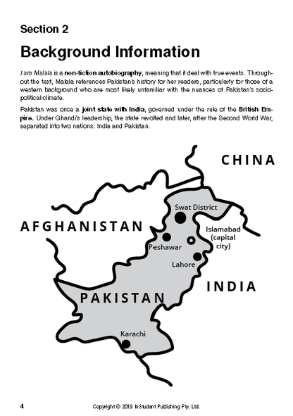 Text guide page showing 'Background Information' text and a map of Pakistan highlighting cities and borders.