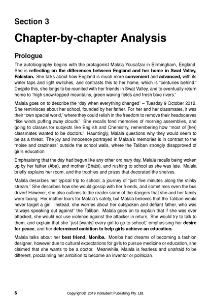 Text Guide by InStudent Publishing, showing a page from "Section 3 Chapter-by-chapter Analysis" for I Am Malala.