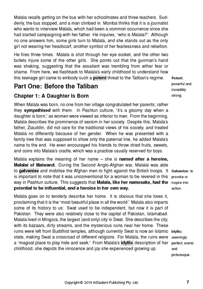 Text guide page featuring black text on a white background, detailing stories about Malala.