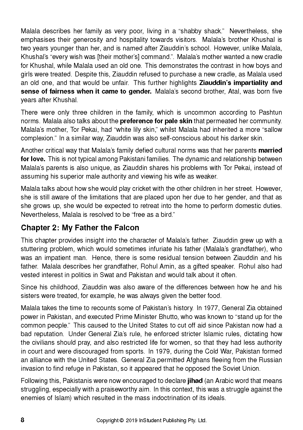 White page from a text guide about Malala Yousafzai with black printed text and "Chapter 2: My Father the Falcon".