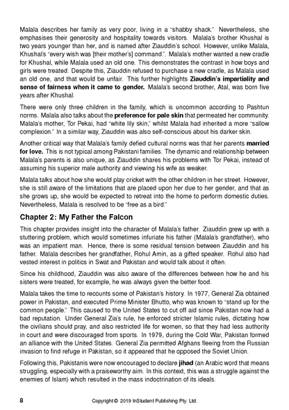 White page from a text guide about Malala Yousafzai with black printed text and "Chapter 2: My Father the Falcon".